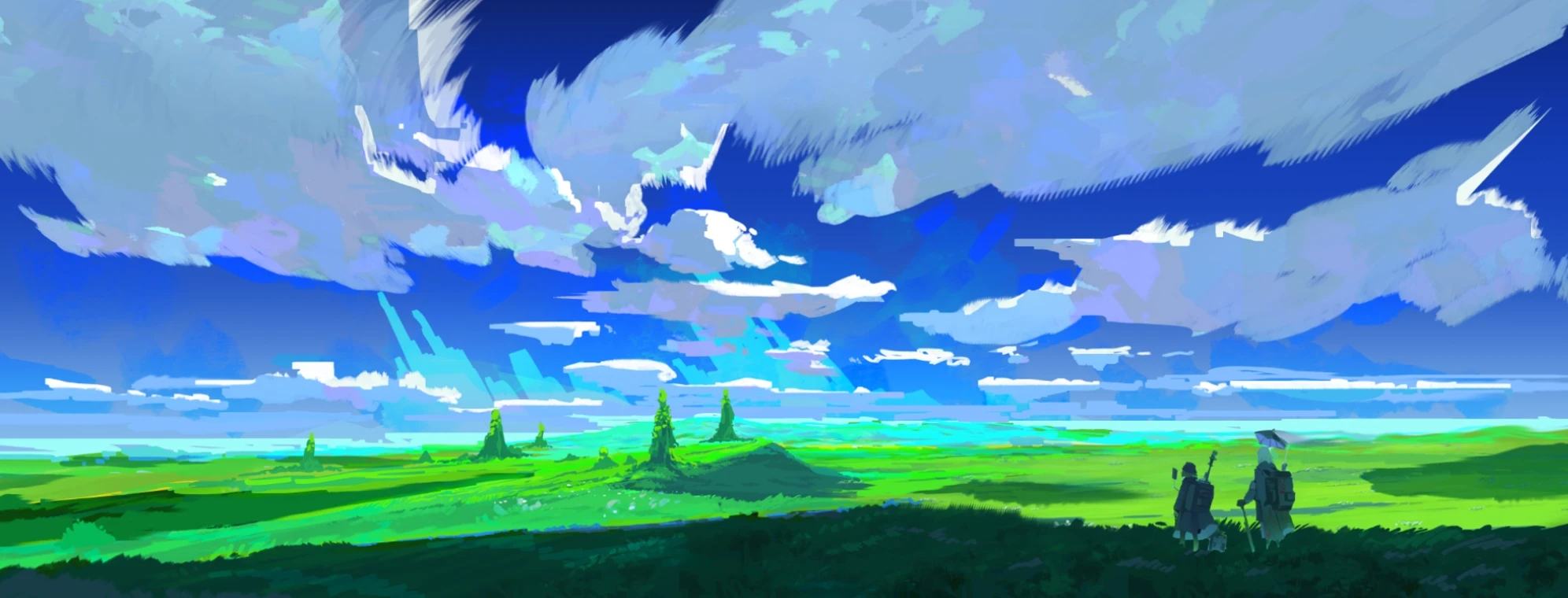 The green plain establishes a shared physical setting.
