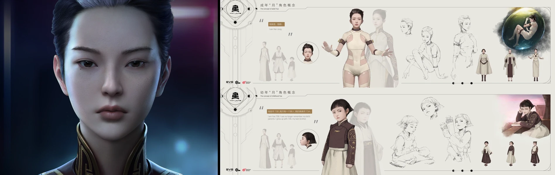 Character design references connected costume, material, and identity.