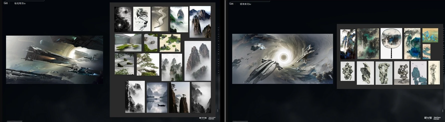 Reference and ship-development boards connect cultural research with the emerging faction language.