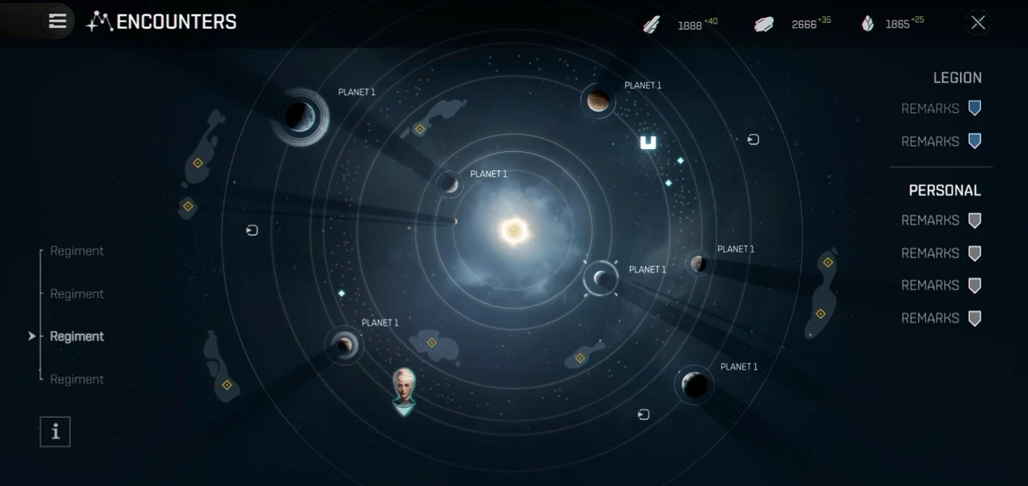 Encounter interface: the visual world carried into information and player navigation.