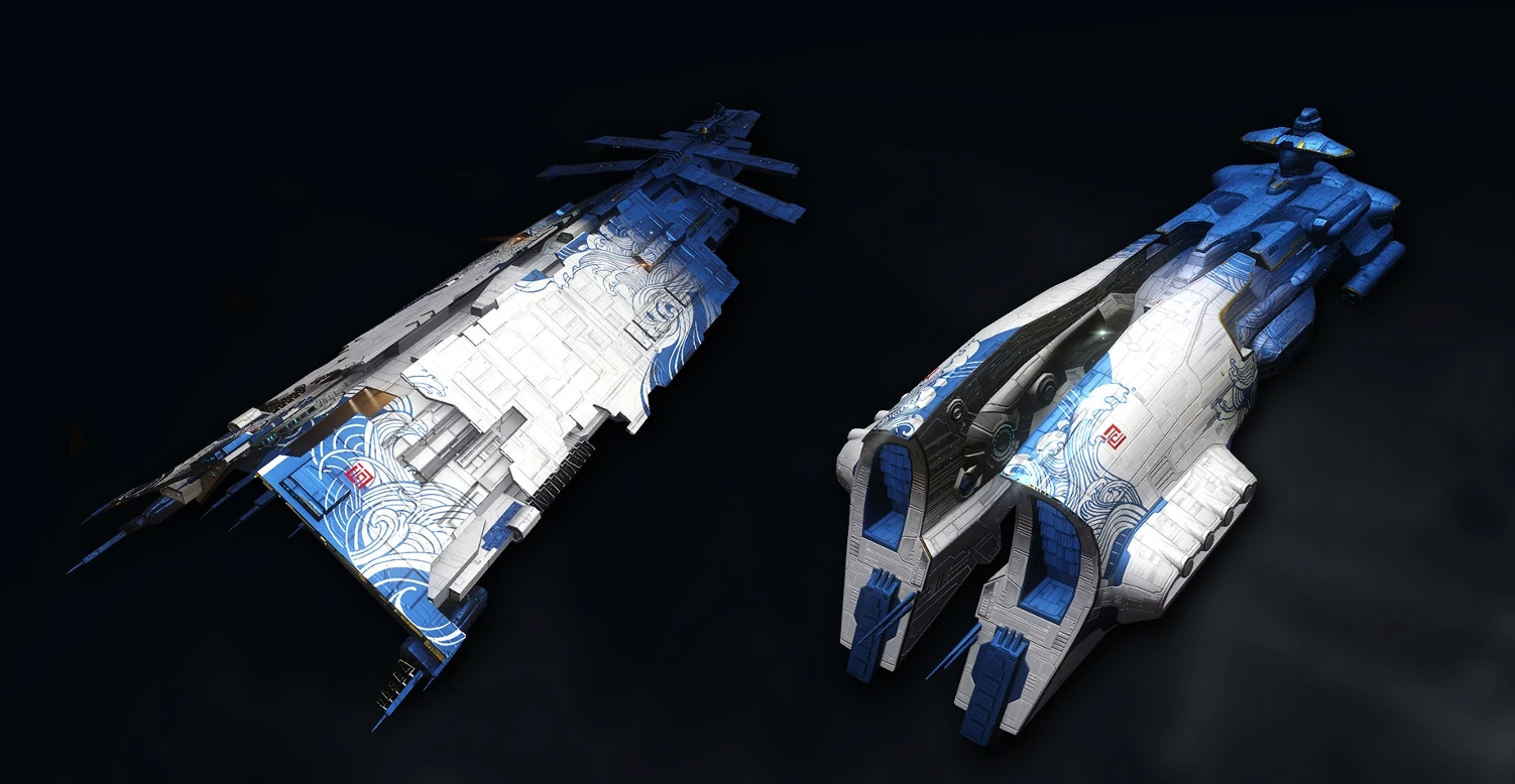 Blue-and-white ship designs translate flowing patterns into large-scale three-dimensional forms.