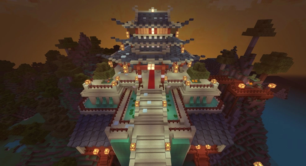 Chinese architecture expressed through Minecraft’s visual language.