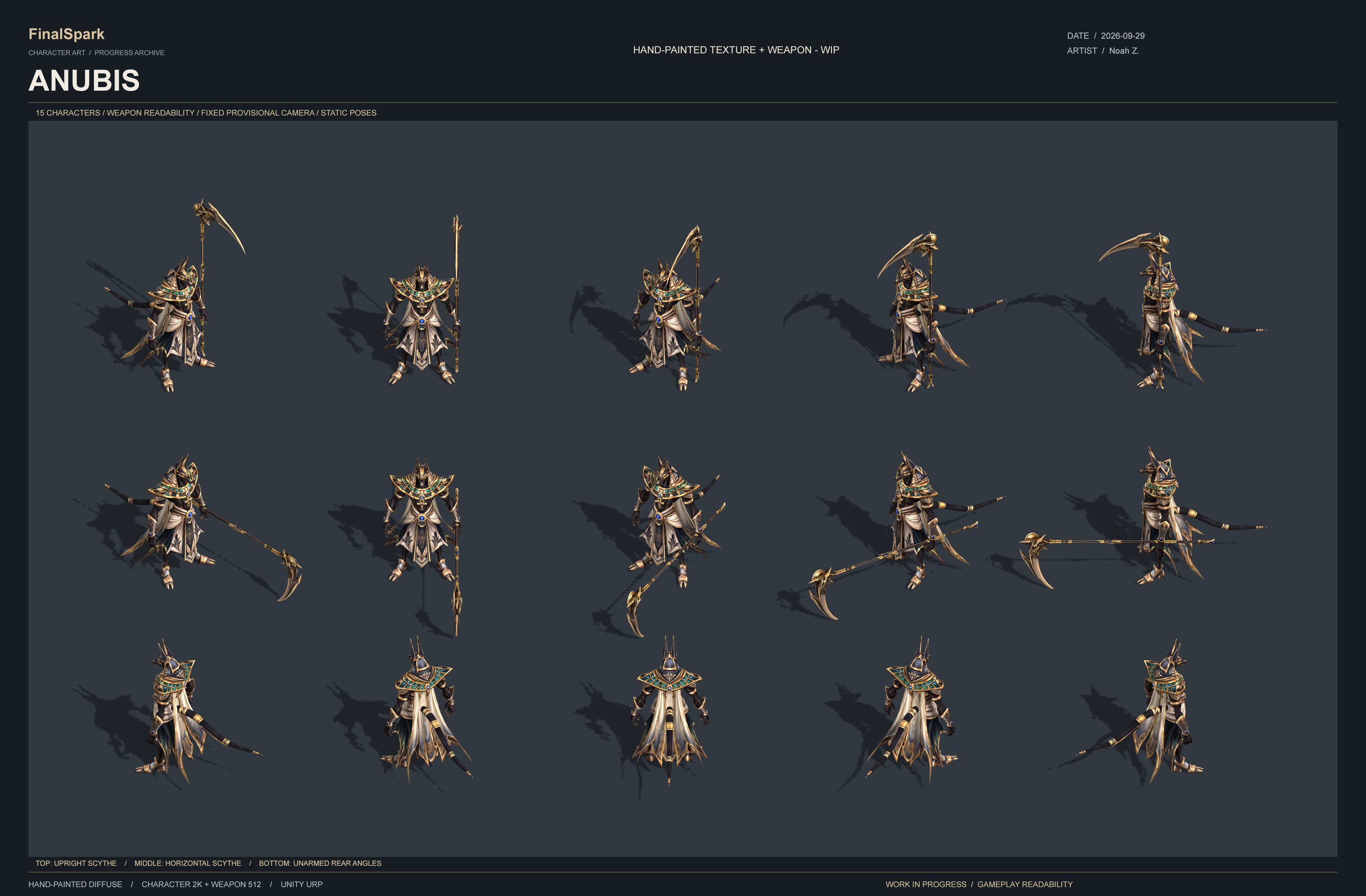 Gameplay readability — fifteen static views comparing upright scythe, horizontal scythe, and unarmed rear angles.