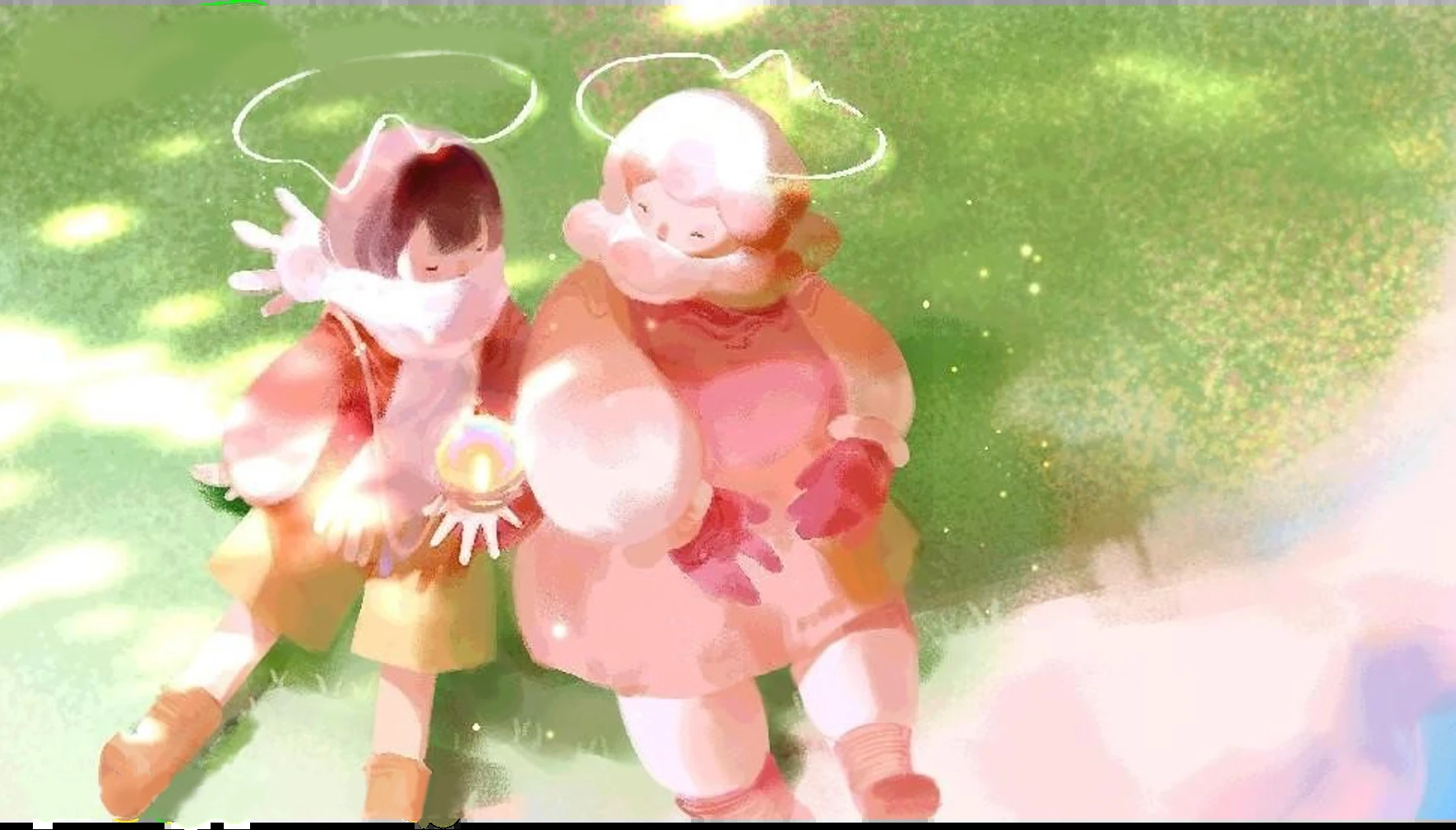 An encounter between present and future selves, expressed through soft character forms.