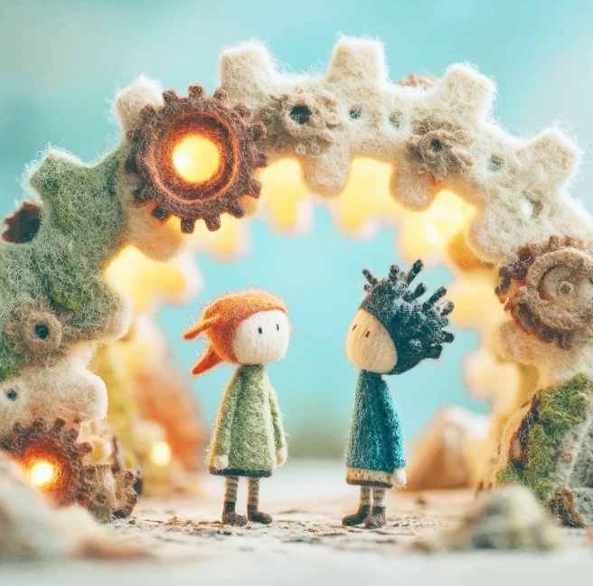 A mechanical time portal frames the transition into a possible future.
