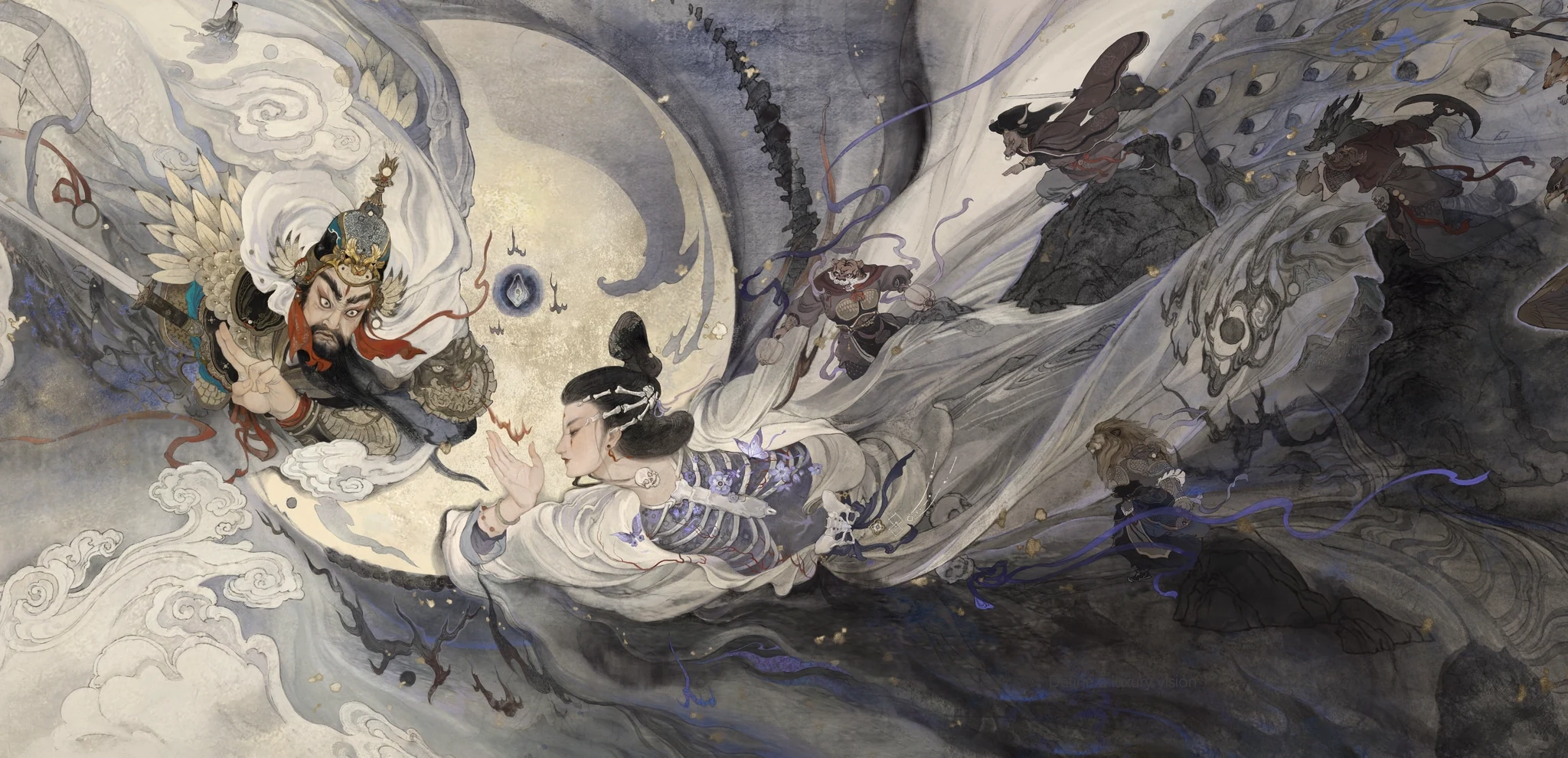 A mythological landscape shaped through ink-like movement and atmospheric composition.